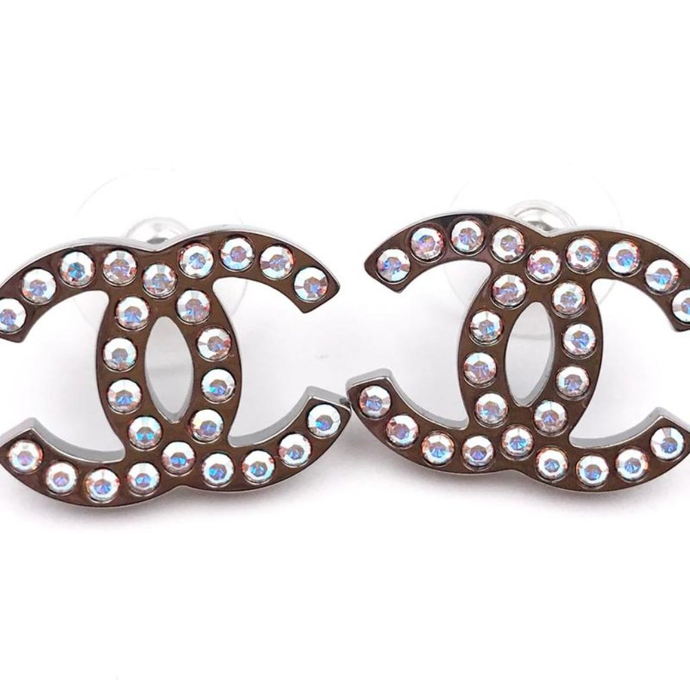 Chanel Silver CC Iridescent Crystal Large Piercing Earrings